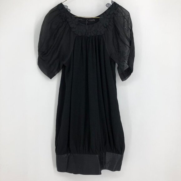 NWT Erica Davies Wool Gauze Short Puff sleeve Black Mini Dress with satin hem XS - Picture 16 of 16